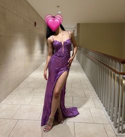 Style 54838 Sherri Hill Purple Size 4 Floor Length Prom Shiny Side slit Dress on Queenly