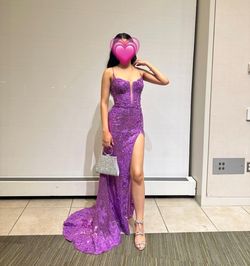 Style 54838 Sherri Hill Purple Size 4 Floor Length Prom Shiny Side slit Dress on Queenly