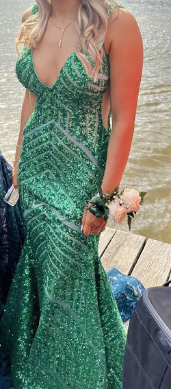 Jovani Green Size 2 Emerald Black Tie Glitter Liquid Beaded Straight Dress on Queenly