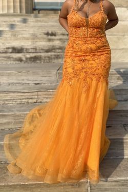 Style EW34085 Ellie Wilde Orange Size 12 Plus Size Train Prom Mermaid Dress on Queenly