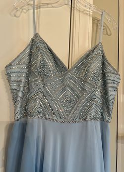 Jovani Blue Size 22 Jewelled Sequined Straight Spaghetti Strap Cocktail Dress on Queenly