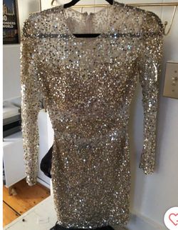 Primavera Gold Size 2 Sheer Midi Free Shipping Jewelled Cocktail Dress on Queenly