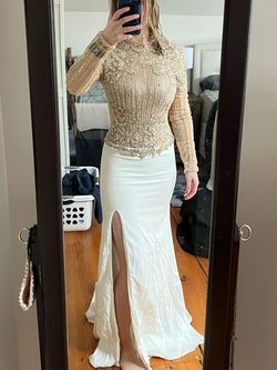Terani Couture White Size 2 Engagement Sequined Long Sleeve Floor Length Embroidery Side slit Dress on Queenly