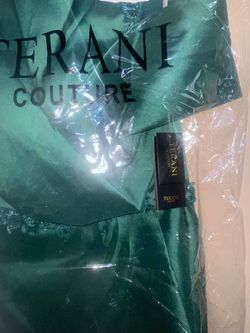Style 231M0471 Terani Couture Green Size 14 Floor Length Winter Formal Black Tie Side slit Dress on Queenly