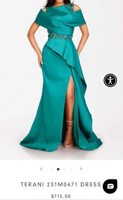 Style 231M0471 Terani Couture Green Size 14 Floor Length Winter Formal Black Tie Side slit Dress on Queenly