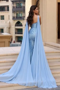 Style PS22543 Portia and Scarlett Blue Size 12 Prom Cape Glitter Side slit Dress on Queenly