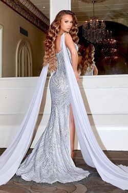 Style PS22543 Portia and Scarlett Silver Size 10 Shiny Prom Floor Length Glitter Cape Side slit Dress on Queenly