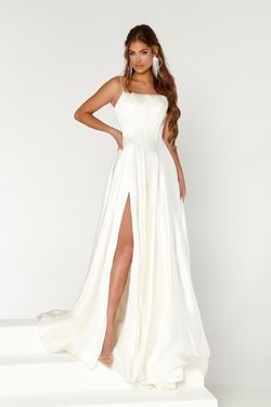 Style PS22548 Portia and Scarlett White Size 2 Pageant Cotton Satin Floor Length Side slit Dress on Queenly
