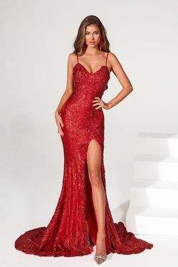 Style PS21237 Portia and Scarlett Red Size 8 Glitter Prom Floor Length Side slit Dress on Queenly