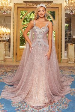 Style PS22968 Portia and Scarlett Pink Size 6 Quinceanera Rose Gold Cape Floor Length Mermaid Dress on Queenly