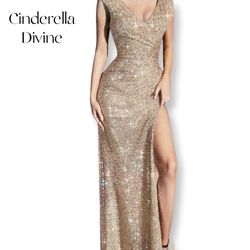 Cinderella Divine Gold Size 12 Cap Sleeve Side Slit Straight Dress on Queenly