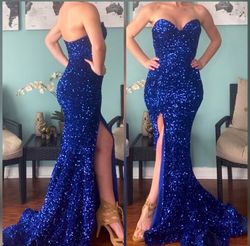 Style -1 Portia and Scarlett Blue Size 2 Floor Length Jersey Sweetheart Prom Mermaid Dress on Queenly