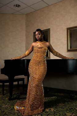Kessdesigns Gold Size 8 Floor Length Sleeves Mermaid Dress on Queenly