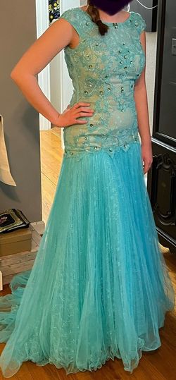Sherri Hill Blue Size 10 Prom Cap Sleeve High Neck Straight Dress on Queenly
