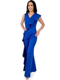 Style 8153 Marc Defang Royal Blue Size 4 Fun Fashion Floor Length Jumpsuit Dress on Queenly