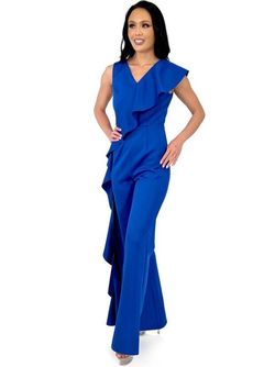 Style 8153 Marc Defang Blue Size 6 Jersey Floor Length Jumpsuit Dress on Queenly