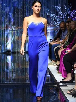 Style 8180 Marc Defang Royal Blue Size 2 Fringe Jumpsuit Dress on Queenly