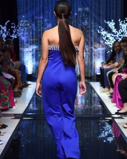 Style 8180 Marc Defang Royal Blue Size 12 Plus Size Fringe Speakeasy Jumpsuit Dress on Queenly
