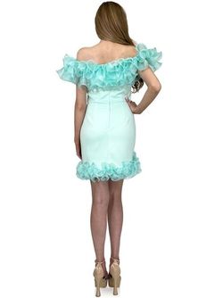 Style 8266 Marc Defang Blue Size 6 Ruffles Teal Cocktail Dress on Queenly