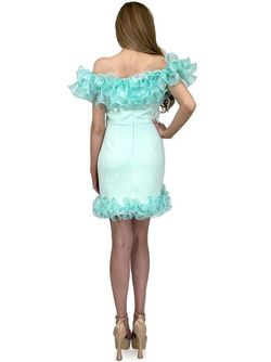 Style 8266 Marc Defang Blue Size 0 Teal Ruffles Cocktail Dress on Queenly