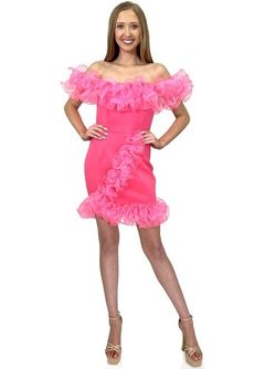 Style 8266 Marc Defang Hot Pink Size 4 Ruffles Tall Height Cocktail Dress on Queenly