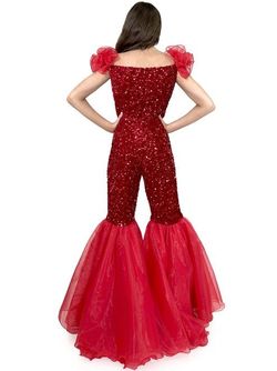 Style 5088A Marc Defang Red Size 4 Ruffles Pageant Floor Length Cap Sleeve Jumpsuit Dress on Queenly