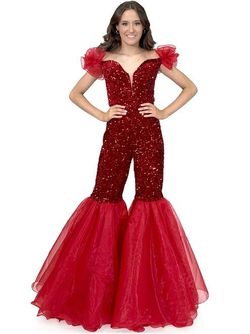 Style 5088A Marc Defang Red Size 2 Pageant Floor Length Cap Sleeve Jumpsuit Dress on Queenly