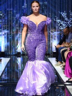 Style 5088A Marc Defang Purple Size 8 Velvet Floor Length Pageant Ruffles Jumpsuit Dress on Queenly