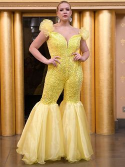 Style 5088A Marc Defang Yellow Size 6 Fun Fashion Cap Sleeve Floor Length Jumpsuit Dress on Queenly