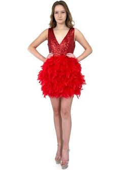 Style 8280 Marc Defang Red Size 4 Tall Height Sequined Feather Backless Cocktail Dress on Queenly