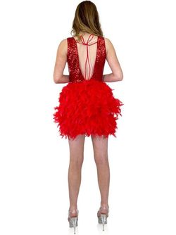 Style 8280 Marc Defang Red Size 6 Feather Backless Cocktail Dress on Queenly