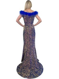 Style 8145 Marc Defang Blue Size 4 Velvet Fun Fashion Sequined Feather Tall Height Side slit Dress on Queenly