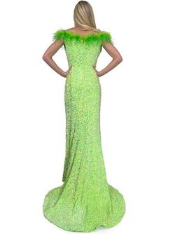 Style 8145 Marc Defang Green Size 4 Velvet Fun Fashion Sequined Feather Tall Height Side slit Dress on Queenly