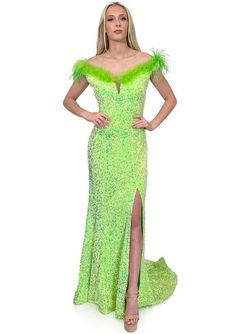 Style 8145 Marc Defang Green Size 4 Floor Length Feather Side slit Dress on Queenly
