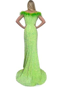 Style 8145 Marc Defang Green Size 2 Tall Height Feather Sequined Side slit Dress on Queenly