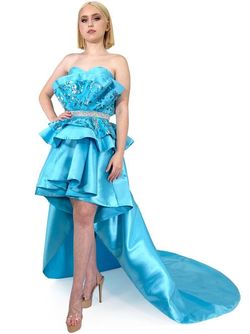 Style 8128 Marc Defang Blue Size 4 Turquoise Satin Floor Length Side slit Dress on Queenly