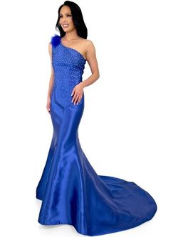 Style 8230 Marc Defang Blue Size 2 Train Satin Floor Length Mermaid Dress on Queenly