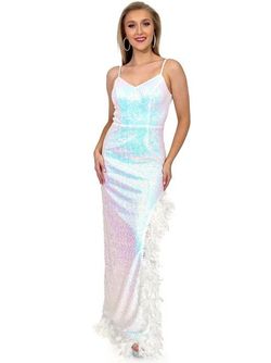 Style 8221 Marc Defang White Size 00 Floor Length Prom Feather Tall Height Side slit Dress on Queenly