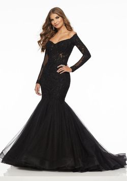 MoriLee Black Size 8 Shiny Long Sleeve Floor Length Tulle Mermaid Dress on Queenly