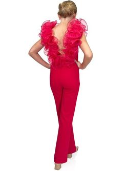 Style 5097 Marc Defang Red Size 00 Girls Size Floor Length Fun Fashion V Neck Pageant Jumpsuit Dress on Queenly