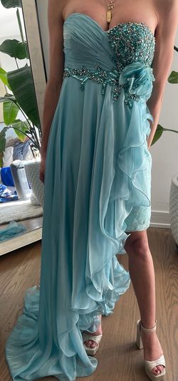 Style CUSTOM Mac Duggal Light Blue Size 4 Fun Fashion Cocktail Side slit Dress on Queenly