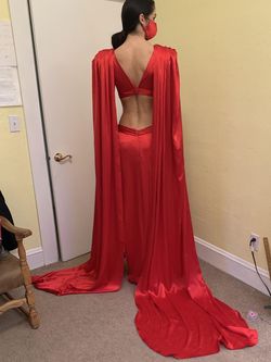 Custom Red Size 2 Train Silk Side slit Dress on Queenly