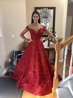 Tarik Ediz Red Size 8 Sheer Lace Pageant Prom Ball gown on Queenly