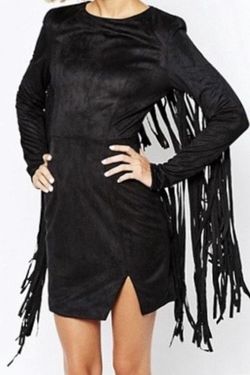 Lavish Alice Black Size 4 Fringe Long Sleeve Cocktail Dress on Queenly
