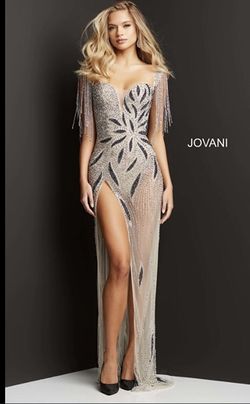 Jovani Silver Size 6 Side slit Dress on Queenly