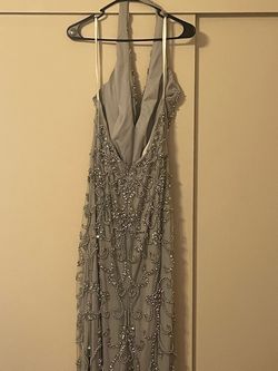 Terani Couture Silver Size 12 Pageant Black Tie Plunge Prom Side slit Dress on Queenly