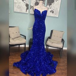 Portia and Scarlett Blue Size 16 Floor Length Shiny Velvet Plunge Mermaid Dress on Queenly