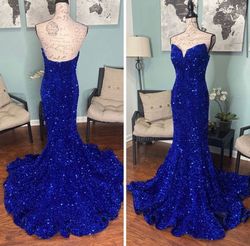 Portia and Scarlett Blue Size 16 Floor Length Shiny Velvet Plunge Mermaid Dress on Queenly