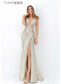 Tarik Ediz Gold Size 8 Side slit Dress on Queenly