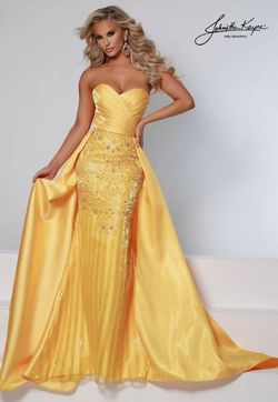 Style 2502 Johnathan Kayne Yellow Size 6 Strapless Pageant Sleeves Sweetheart Train Dress on Queenly
